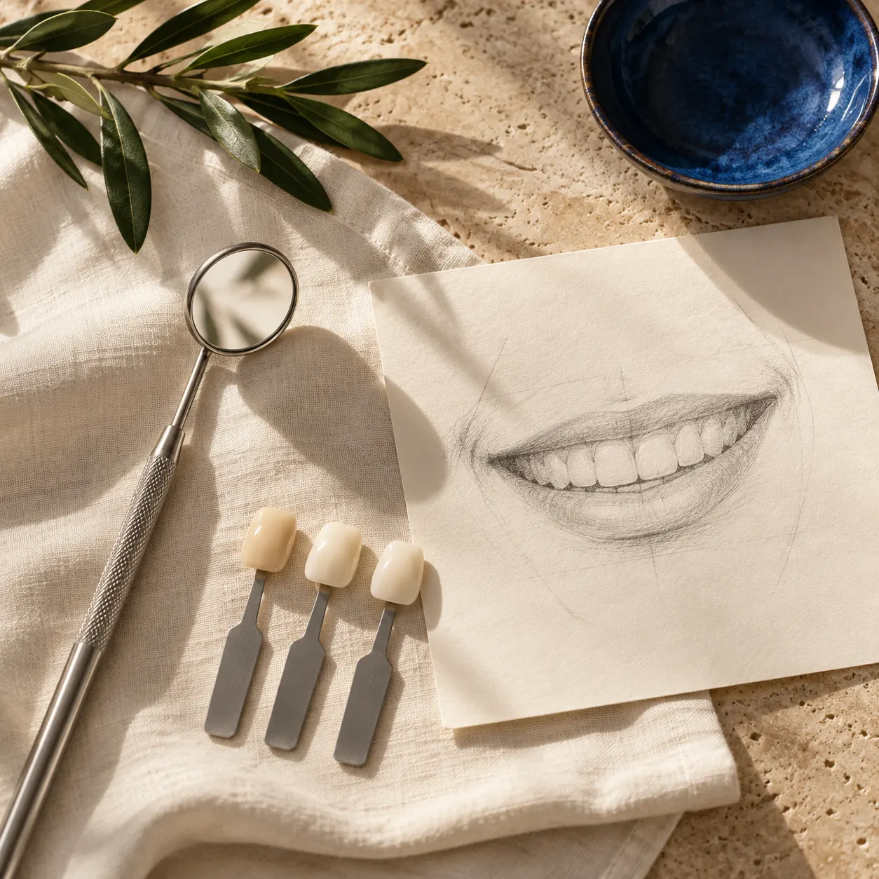 A dental mirror, shade tabs and a pencil smile sketch on folded linen