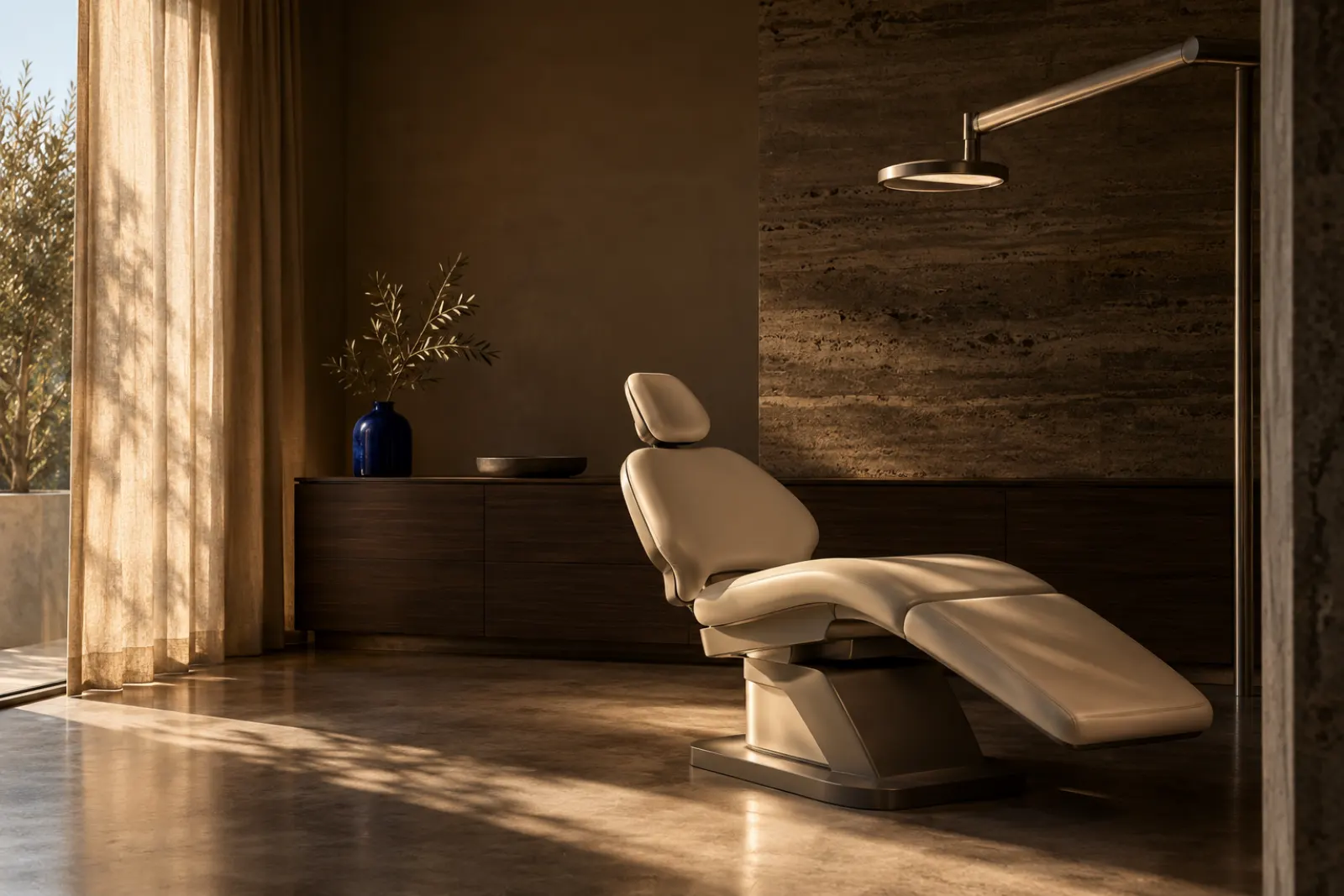 A quiet treatment room at Odera with a sculptural ivory chair in soft window light