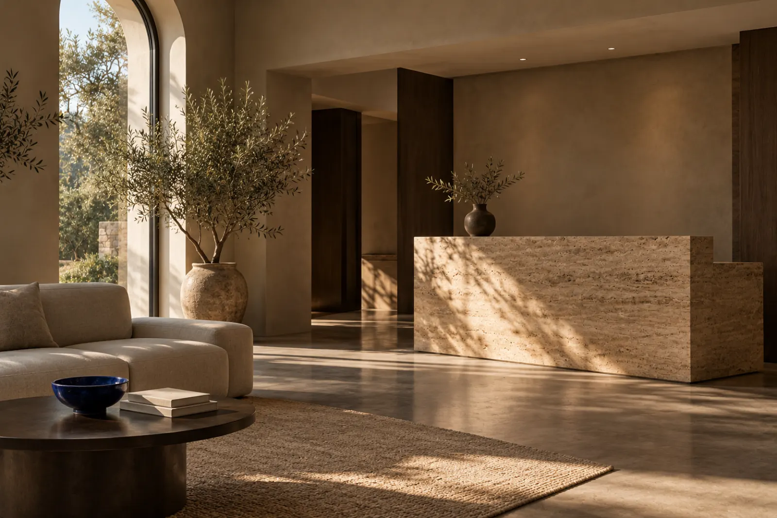 The Odera lounge with a travertine desk, a linen sofa and an olive tree by an arched window
