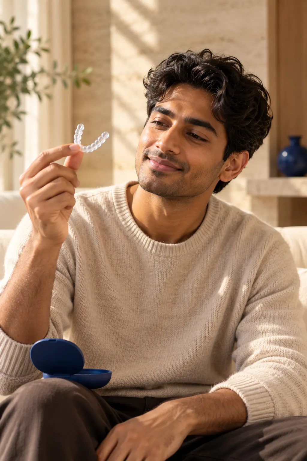 A young man holds up a clear aligner and smiles