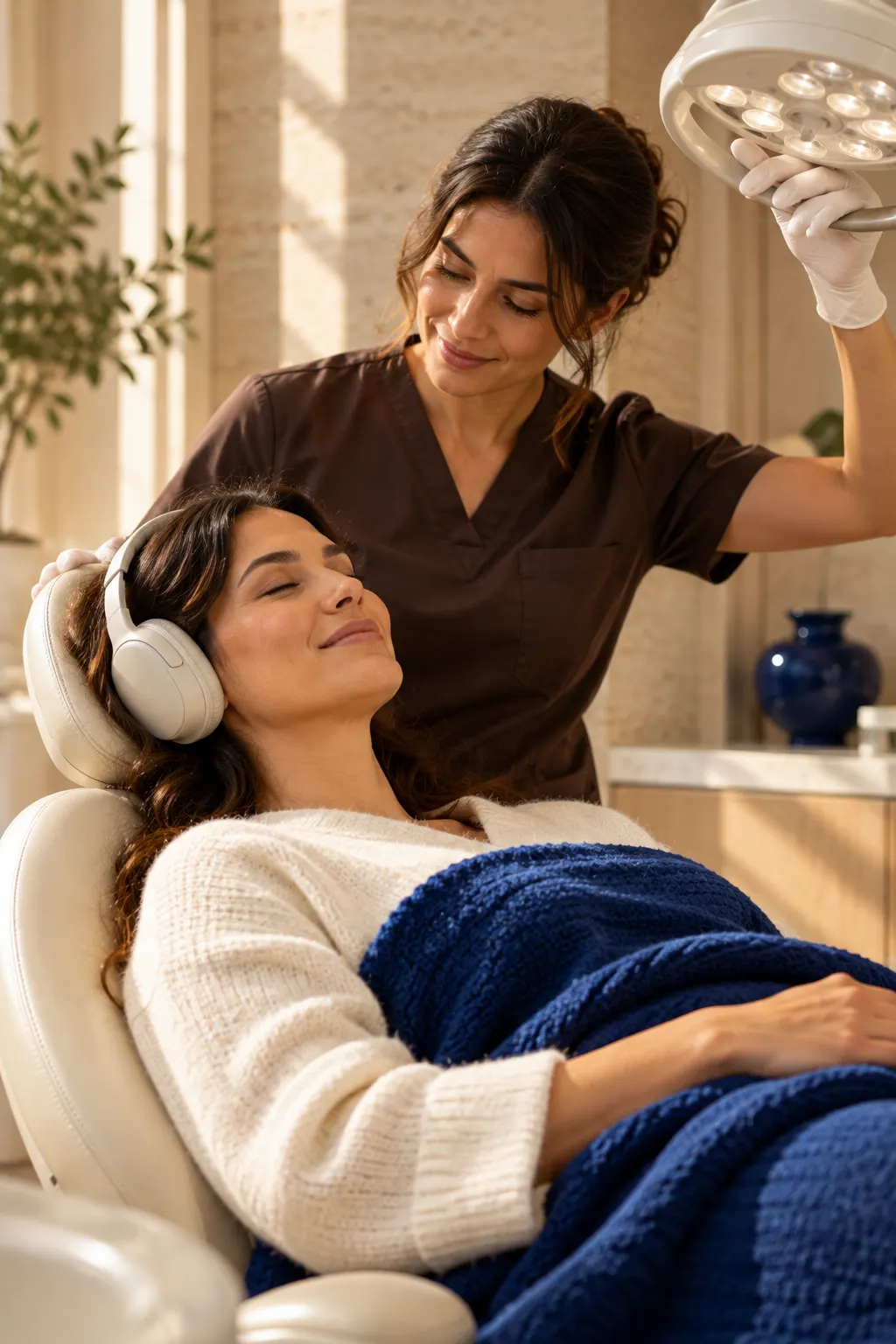 A patient rests in the chair under a blue blanket while a hygienist prepares