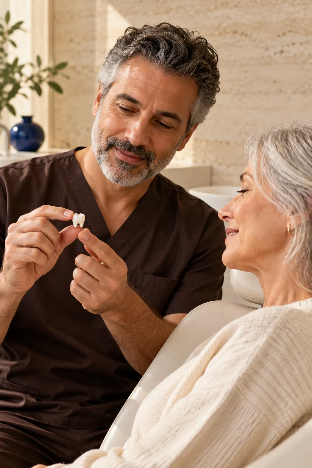 A dentist shows a ceramic crown model to a patient