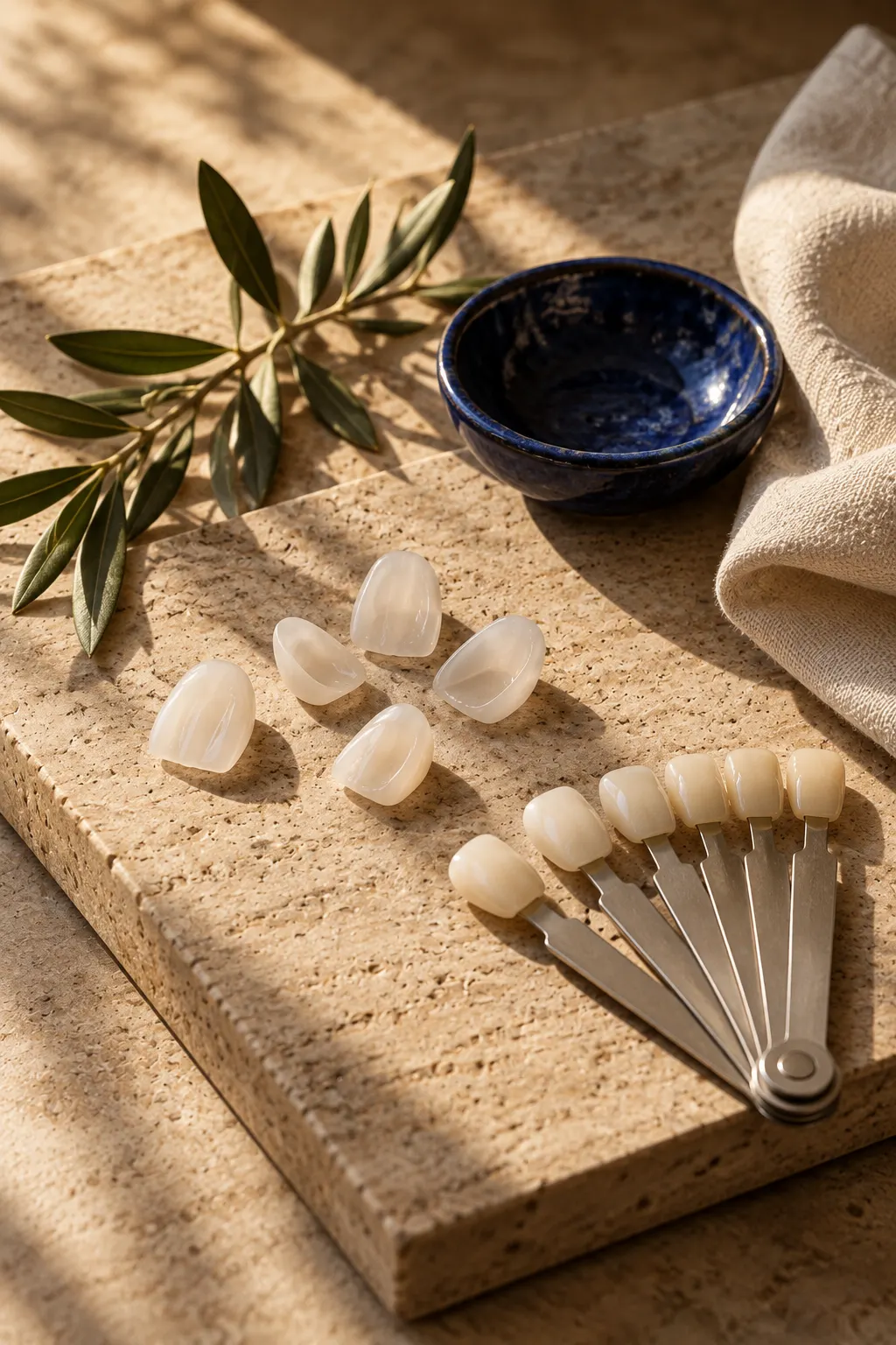 Porcelain veneers and shade tabs on a travertine tray