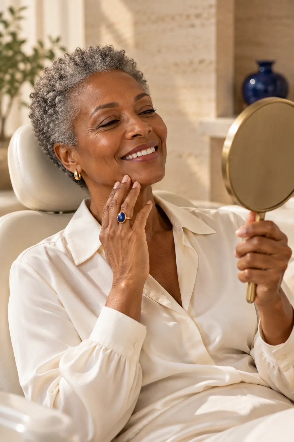 A smiling woman checks her teeth in a round hand mirror