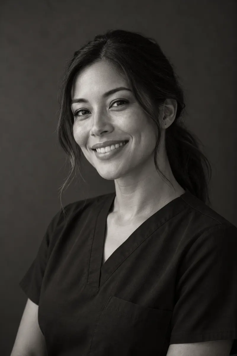 Black-and-white portrait of Hana Ferreira